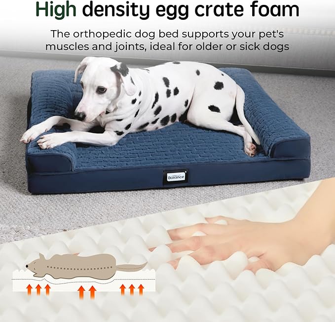 BALANCE Orthopedic Dog Bed, Egg Crate Foam Dog Couch for Pet Sleeping, Pet Sofa with Removable Washable Cover & Nonskid Bottom, Comfy Dog Bed for Extra Large Dog, Blue