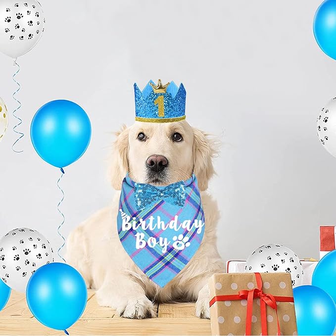 Dog Birthday Party Supplies, Multi Sizes Dog Birthday Bandana Boy Dog Birthday Hat Crown with Birthday Numbers Bow Tie for Large Extra Large Dogs Pets (Light Blue, X-Large)