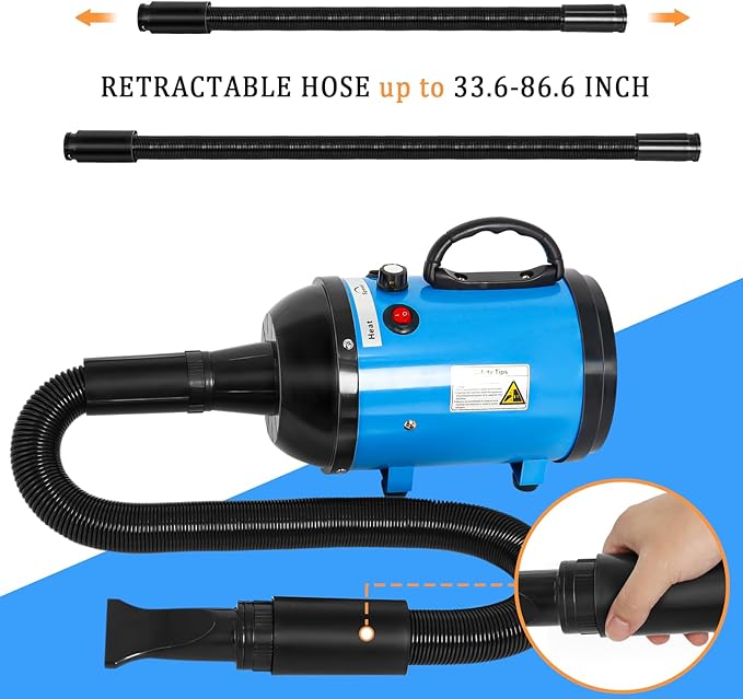 High Velocity 5.2HP 3500W Large Dog Hair Dryer with Heater for Grooming - Adjustable Temperature with 4 Nozzles (Blue)