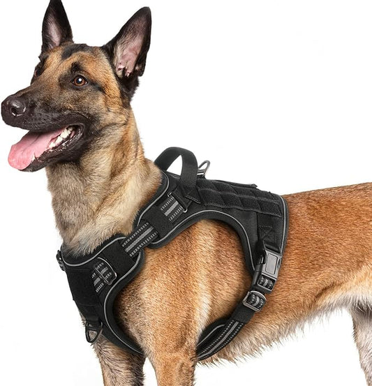 rabbitgoo Dog Harness for Large Dogs No Pull, Tactical Service Dog Vest with Molle and Control Handle, Adjustable and Reflective Military Pet Harness for Easy Walking and Training, Black, L