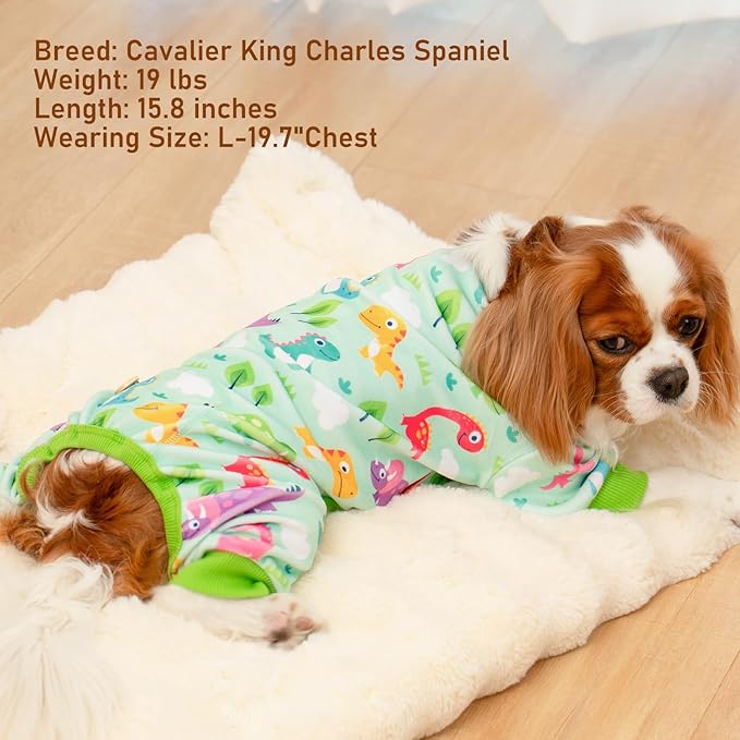 KYEESE Dog Pajamas Small Dog Pajamas with Colorful Dinosaurs Stretchy Pet Jammies Onesie Velvet Pjs Comfy Clothes for Dogs Boy Girl Soft Outfit, X-Large