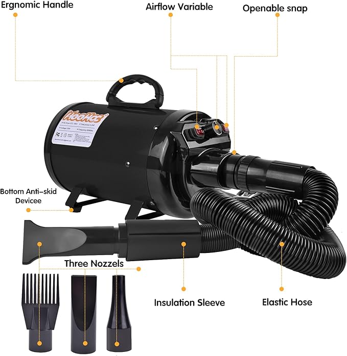 Dog Dryer, High Velocity Dog Hair Dryer, Dog Blow Dryer - Groomer Partner Pet Blower Grooming Force Dryer with Heater, Stepless Adjustable Speed, 4 Different Nozzles, Comb & Pet Grooming Glove (Black)