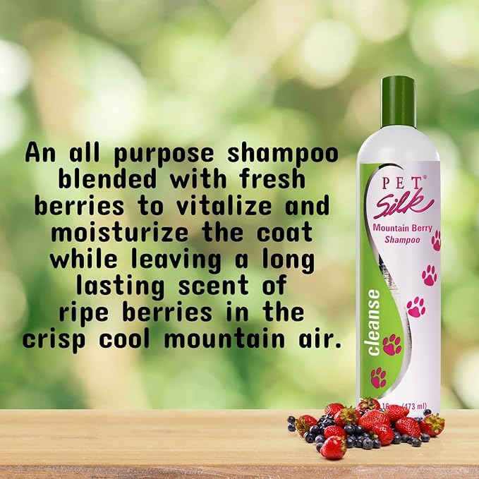 Pet Silk Shampoo - Long Lasting Fresh Scent - Clean and Condition Pet's Fur - Gentle Odor Remover for Puppies, Dogs and Cats (Mountain Berry - 16 oz)