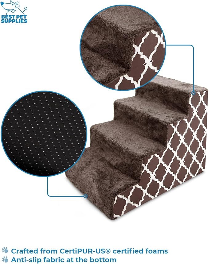 Best Pet Supplies Foam Pet Steps for Small Dogs and Cats, Portable Ramp Stairs for Couch, Sofa, and High Bed Climbing, Non-Slip Balanced Indoor Step Support, Paw Safe - Brown Lattice Print, 4-Step