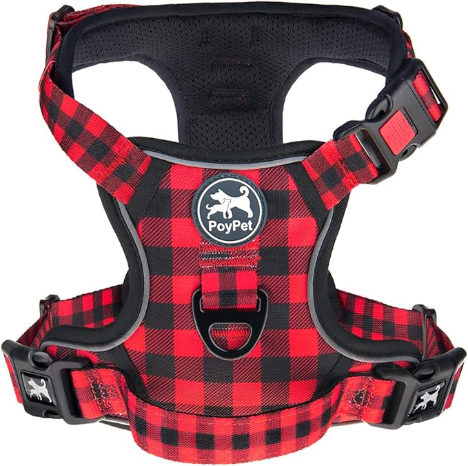 PoyPet No Pull Dog Harness, [Release at Neck] Reflective Adjustable No Choke Pet Vest with Front & Back 2 Leash Attachments, Soft Control Training Handle, Plaid(Checkered Red, S)