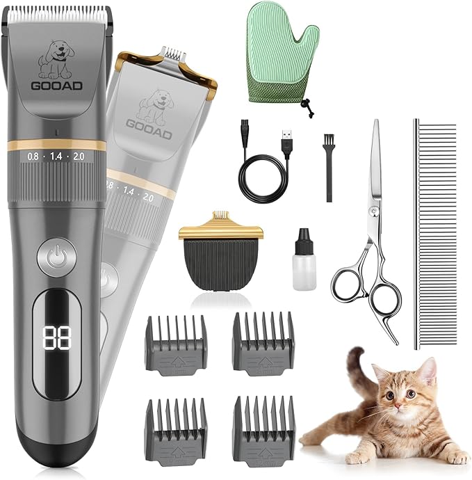 Goood Cat Grooming Kit - Cordless Cat Clippers for Long & Matted Hair, Low Noise Paw Trimmer, Quiet Pet Hair Clippers (Gray)