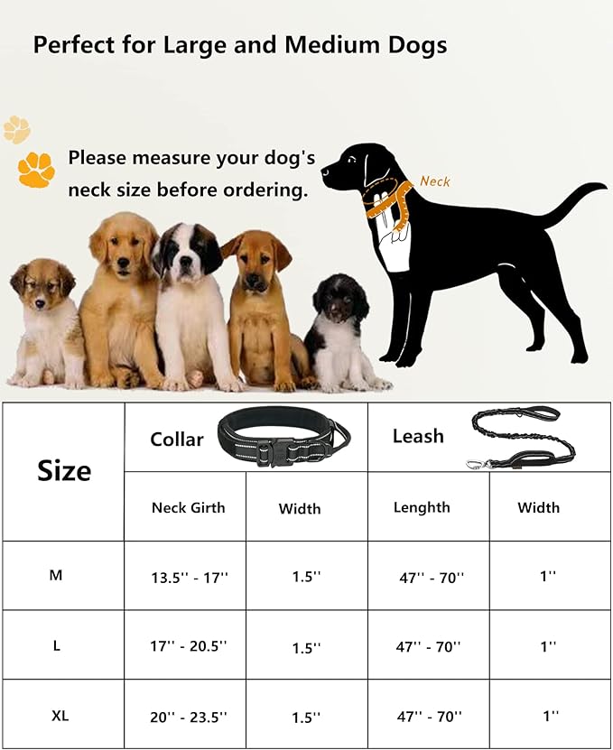 AUBELL Tactical Dog Collar and Leash Set, Adjustable Military Nylon Reflective Dog Leash and Collar with Handle and Heavy Metal Buckle for Medium Large Dogs, with Airtag Case and 2 Patches(Black, XL)