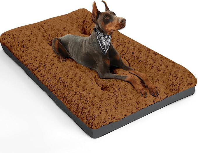 POCBLUE Deluxe Washable XL Dog Bed Dog Crate Mat 42 inch Comfy Fluffy Kennel Pad Anti-Slip for Dogs Up to 90 lbs, 42" x 28", Brown