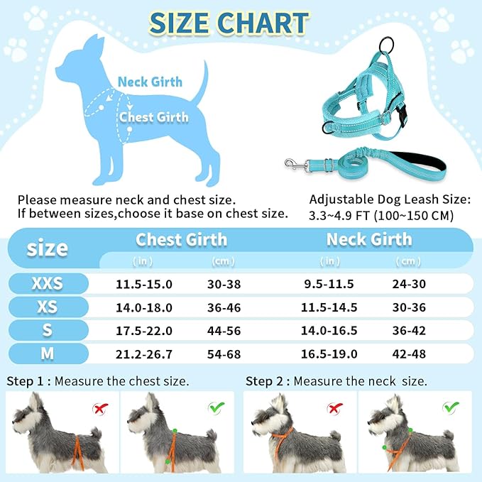 SlowTon No Pull Small Dog Harness and Leash Set, Puppy Soft Vest Harness Neck & Chest Adjustable, Reflective Lightweight Harness & Anti-Twist Pet Lead Combo for Small Medium Dogs (BL-Front Clip,XS)
