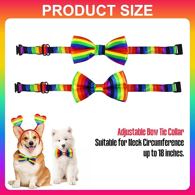 3 PCS Dog Pride Outfit Apparel Clothes, Rainbow Heart Dog Headband Bow Tie Collar for Small Medium Large Dogs (Pride Style 2)