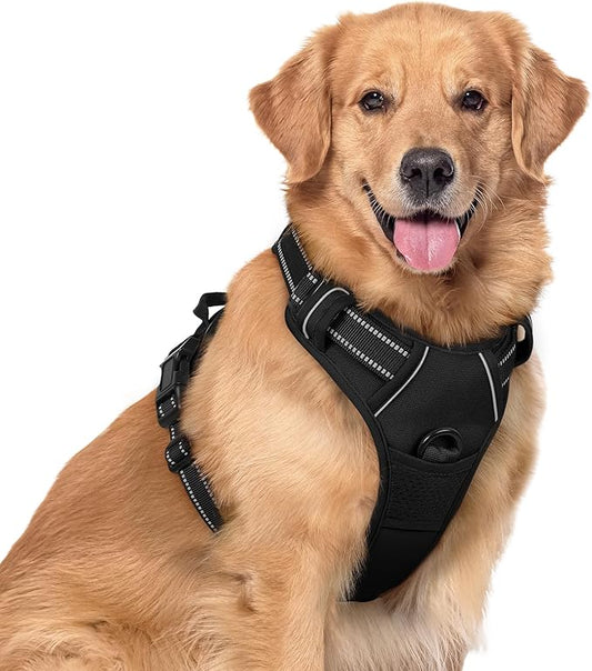 rabbitgoo Dog Harness, No-Pull Pet Harness with 2 Leash Clips, Adjustable Soft Padded Dog Vest, Reflective No-Choke Pet Oxford Vest with Easy Control Handle for Large Dogs, Black, XL