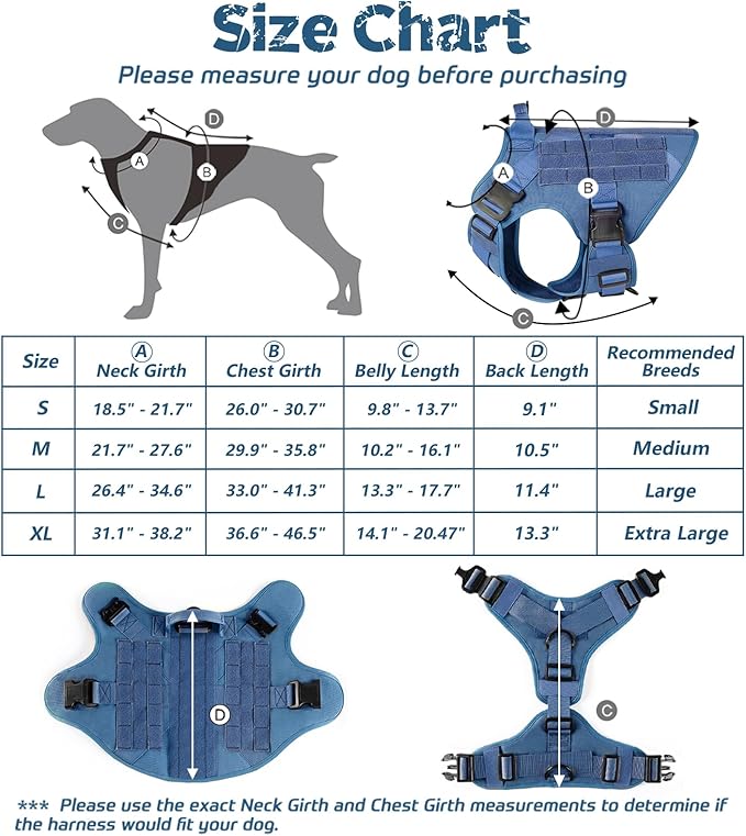 rabbitgoo Tactical Dog Harness for Large Dogs, Heavy Duty Dog Harness with Handle, No-Pull Service Dog Vest Large Breed, Adjustable Military Dog Vest Harness for Training Hunting Walking, Blue, S