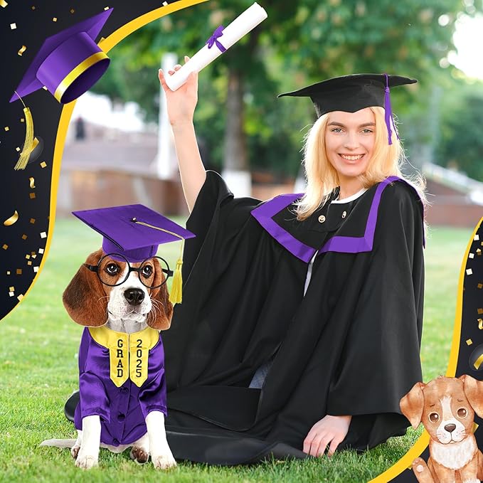 5 Pcs Dog Graduation Costume Set Include 2025 Pet Graduation Gown with Stole Puppy Grad Cap Lensless Glasses DIY Letter Stickers for Dogs Cats Holiday Costume Accessory(Purple Yellow,S)