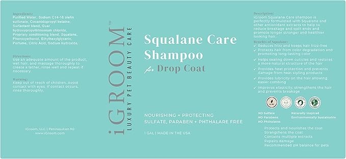 iGroom Squalane Care Dog Shampoo for Dropcoats, Luxury Pet Beauty Care, Reduce Breakage and Split Ends, Promotes Strong and Healthy Hair, Made in USA, Gallon
