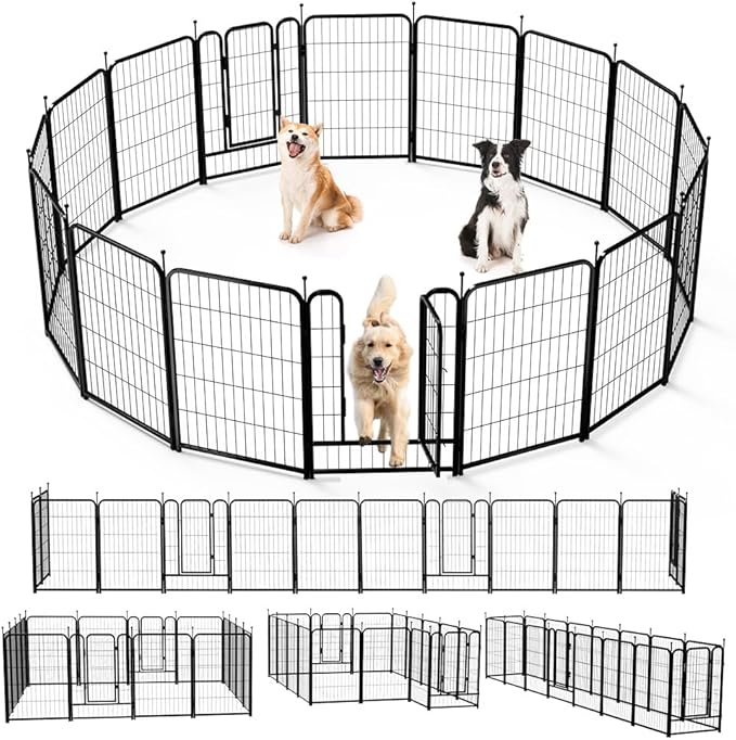 PawGiant Dog Fence Playpen 24”/32”/40” Indoor Outdoor for Small/Medium/Large Dogs, Metal Pet Puppy Cat Exercise Fencing Gate Crate Cage Outside RV, Camping, Yard, Garden (16 Panel, 27" W x 40" H)