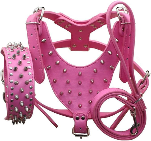 Leather Spiked Studded Harnesses, Collars & Leashes 3Pcs Matching Set for Medium & Large Dogs Pitbull,Mastiff, Boxer, Bull Terrier (Hot Pink, M)
