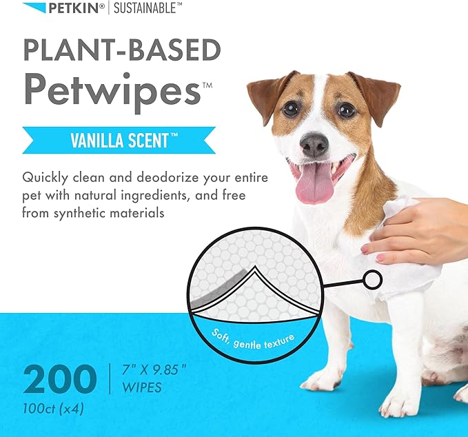 Petkin Plant-Based PetWipes, 100 Wipes, 4 Pack - Biobased, Sustainable, Big & Thick Pet Wipes for Dogs & Cats - for Face, Paws, Ears, Body & Eye Area - Consciously Cleans & Conditions - Vanilla