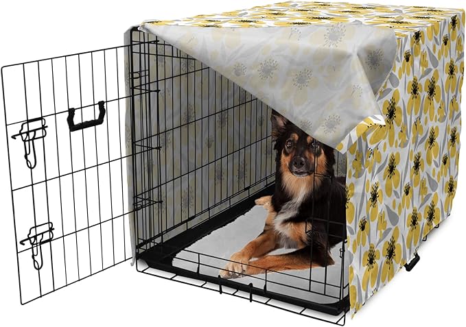 Ambesonne Floral Dog Crate Cover, Minimalistic Graphic Drawing of Yellow Flowers Pattern, Easy to Use Pet Kennel Cover for Medium Large Dogs, 36 Inch, Pale Taupe Charcoal Grey
