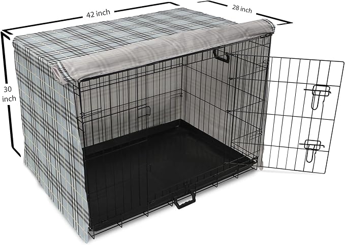 Lunarable Plaid Dog Crate Cover, Traditional Vintage Pattern with Modern Look Checkered Pastel Colored, Easy to Use Pet Kennel Cover for Medium Large Dogs, 42 Inch, Pale Blue Dimgray Cream