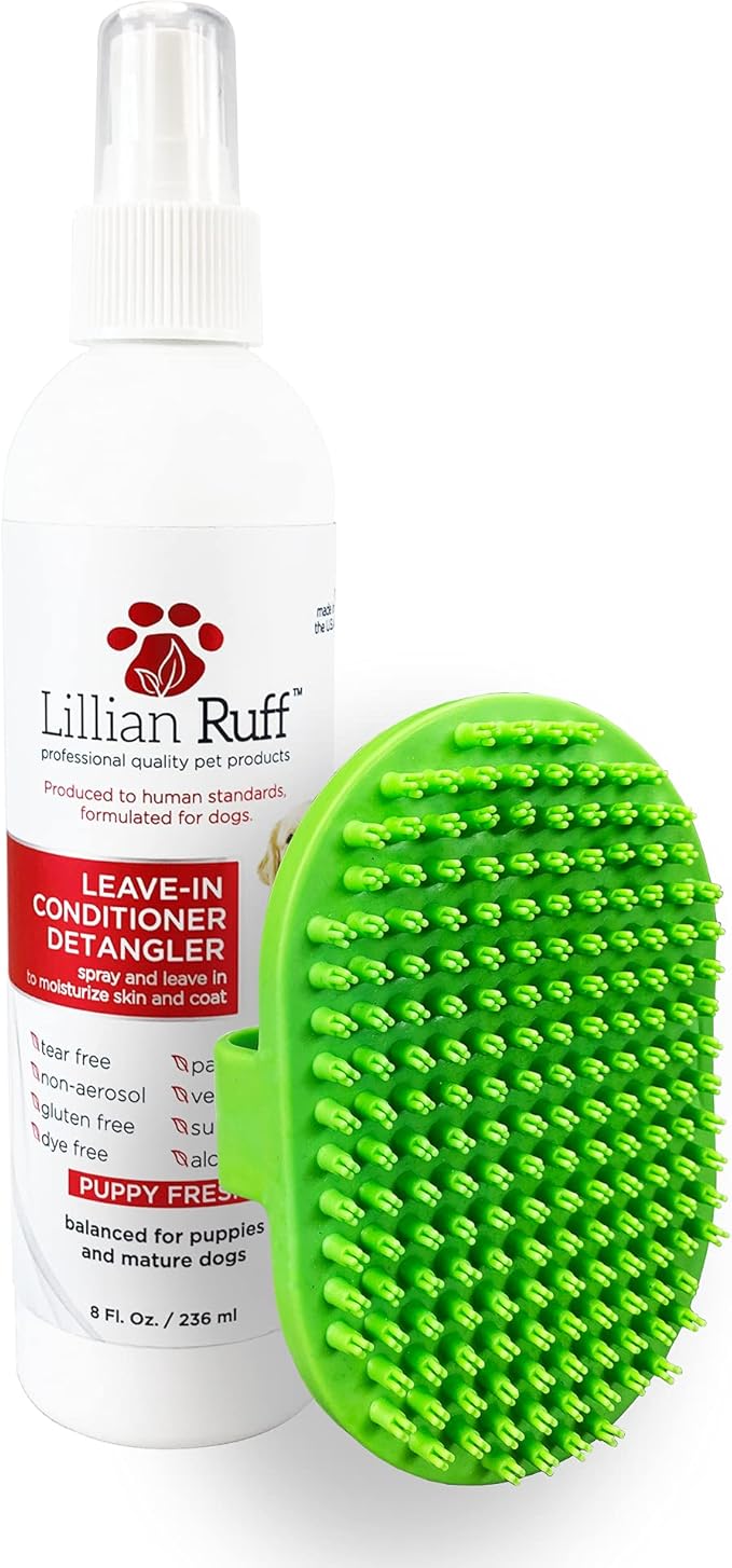 Lillian Ruff Leave-in Dog Conditioner & Detangler Spray - pH Balanced After-Bath No Rinse Dog Conditioning Spray - Silky Shine Spray for Dry Skin, Itch Relief, Detangling & Dematting (8oz/Brush)