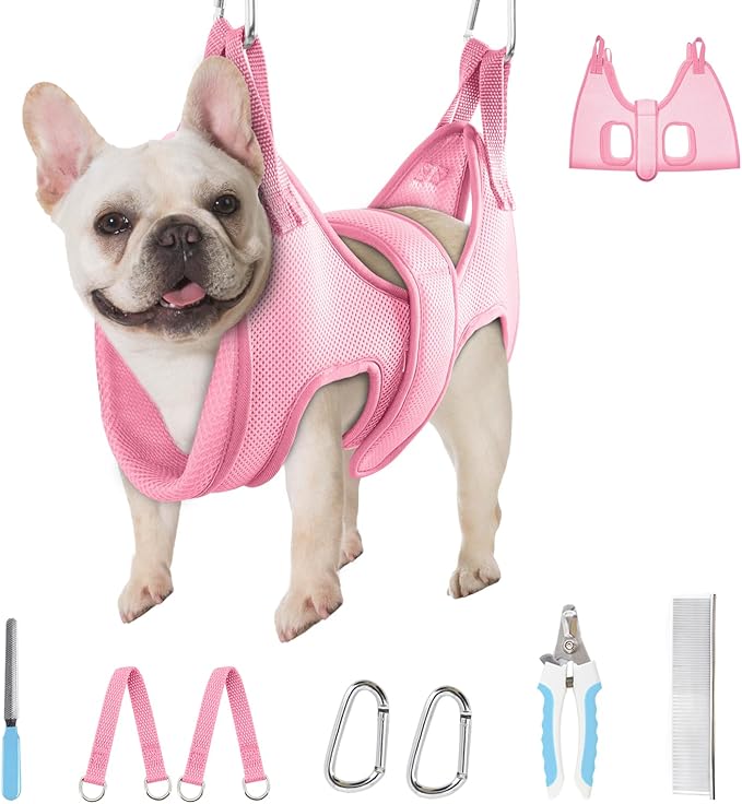 Supet Dog Grooming Hammock, New Pink Small Dog Sling for Nail Trimming, Back Protect Hanging Harness for Claw Care, Nail Trimming Restraint with Thick Fabric
