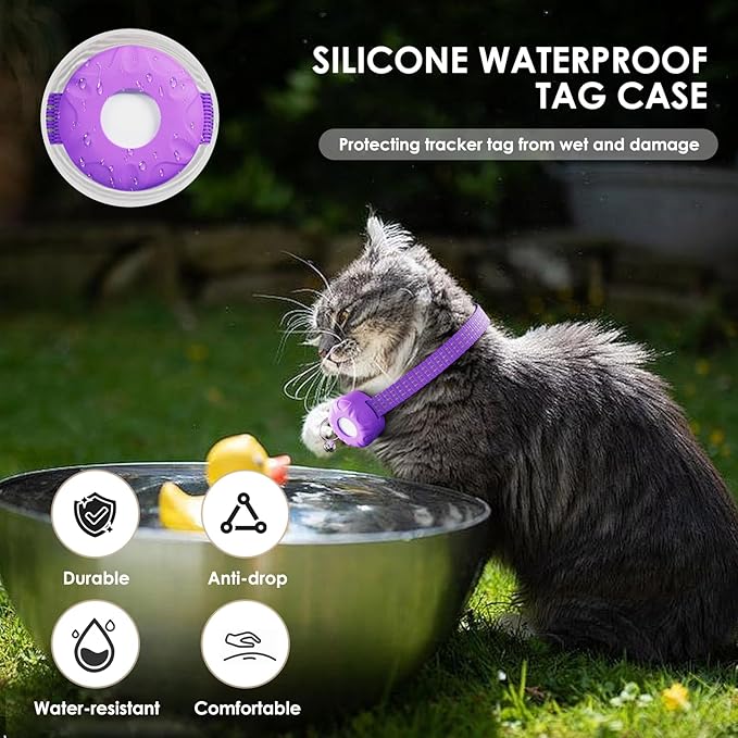 Cat Tracker, Waterproof Pet Tracker for Cats, Cat GPS Tracker Collar with Safety Elastic Buckle, Compatible with Apple Find My App (Only iOS), No Monthly Fee, Purple