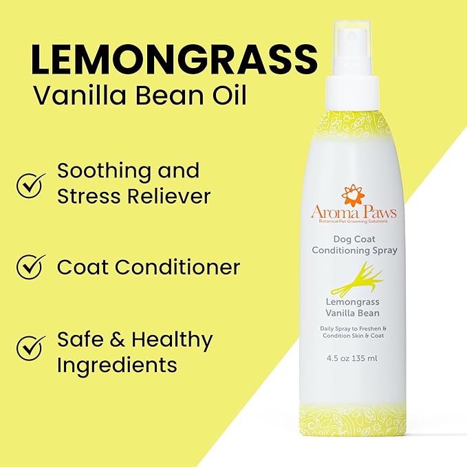 Dog Coat Conditioning Spray - Pet-Friendly Detangler Spray with Natural Essential Oils for Dogs - Daily Dog Spray to Eliminate Odors and Knots - Lemongrass Vanilla Bean - 4.5 oz.