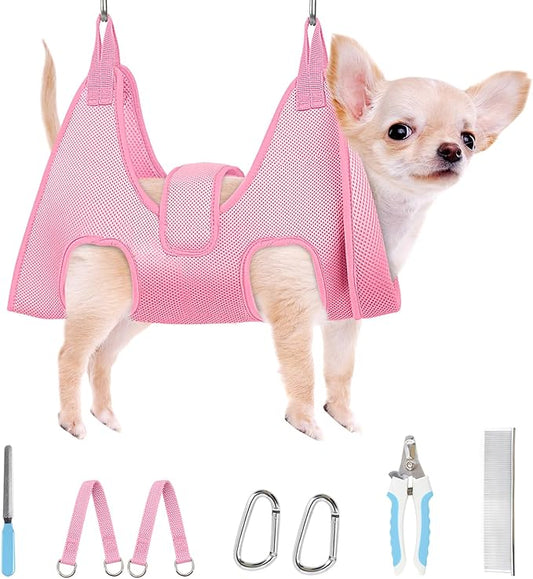 Supet Dog Grooming Hammock, New Pink Small Dog Sling for Nail Trimming, Back Protect Hanging Harness for Claw Care, Nail Trimming Restraint with Thick Fabric