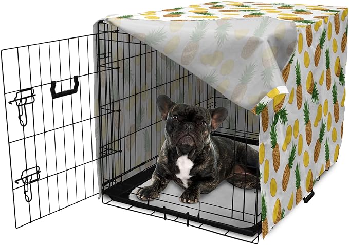 Lunarable Pineapple Dog Crate Cover, Sliced in Half Ananas Exotic Fruit Rhythmic Retro Look Print, Easy to Use Pet Kennel Cover for Cats & Medium Dogs, 24 Inch, Mustard Fern Green