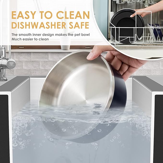 IKITCHEN Dog Bowl for Food and Water, 64 Oz Stainless Steel Pet Feeding Bowl, Durable Non-Skid Double Wall Insulated Heavy Duty with Rubber Bottom for Medium Large Sized Dogs (64 Ounces/8 Cup, Black)