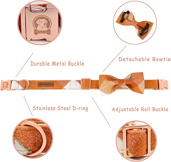 MR. CHUBBYFACE Fall Dog Collar Bow Adjustable Girl Boy Orange Dog Collar Bow Tie Cute Plaid Dog Collar for Small Medium Large Dogs
