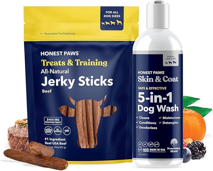 Honest Paws Dog Shampoo and Jerky Treats - Premium Dog Wash and Training Treats - Cleanse, Detangle, Condition, Moisturizing, and Deodorize - Human Grade Treats