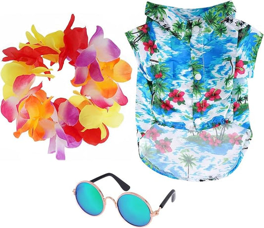 3 Pieces Pet Hawaiian Costume Summer Shirts Sunglasses and Wreath for Small to Medium Dog Cat (Large)
