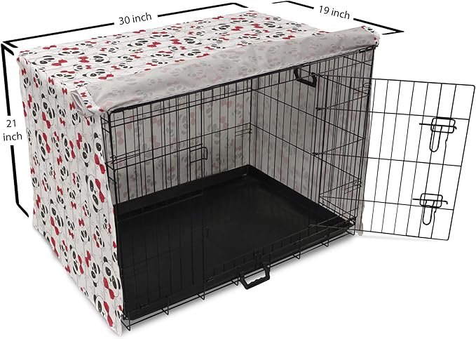 Lunarable Panda Dog Crate Cover, Funny Pattern of Asian Bear Animal in Romantic Bow Tie Cartoon Design, Easy to Use Pet Kennel Cover for Medium Large Dogs, 30 Inch, Pale Grey Black and Red