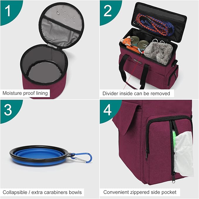 Airline Approved Pet Travel Bag, Weekend Travel Set for Dog and Cat, Tote Organizer with Multi-Function Pockets, Rose Red, Youth Large / 11-13