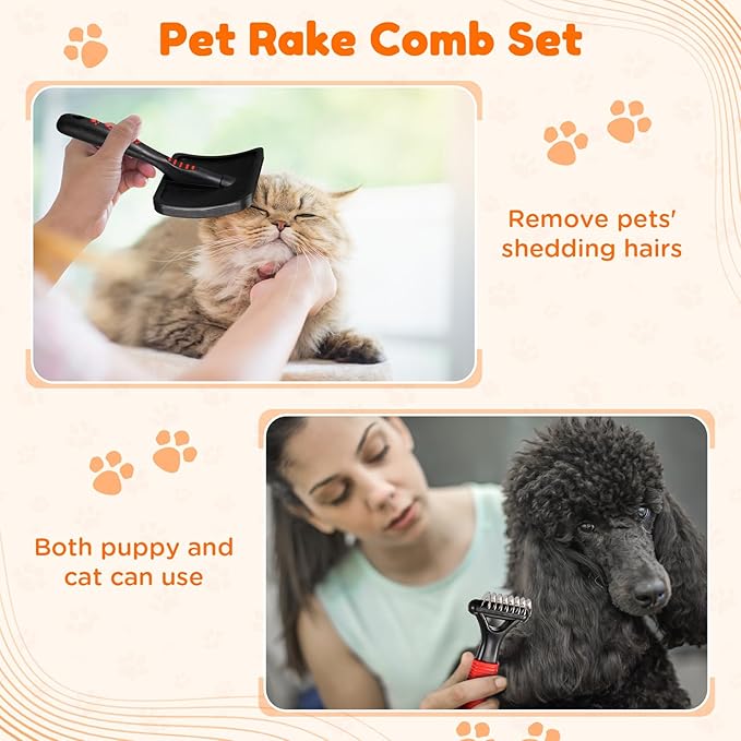 Baderke 8 Pc Pet Grooming Kit - Dematting Comb, Detangling Brush, Rake, Bath Brush, Nail Clipper & File for Dogs & Cats
