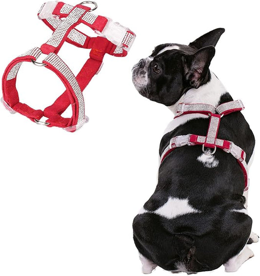 Dog Reflective Rhinestone Harness, No Pull Adjustable D-Ring Harness Walking Harness for Small Meduim Large Dog(Red,M)