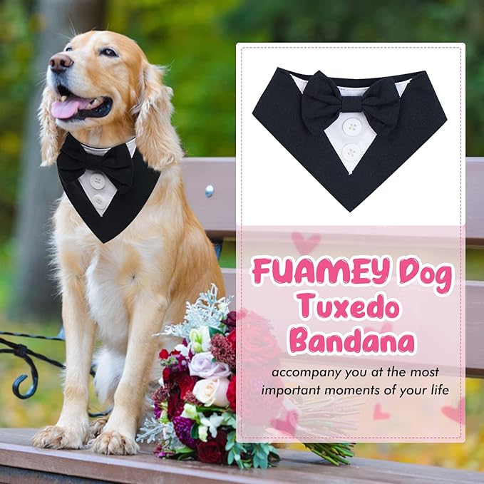 FUAMEY Dog Tuxedo,Formal Dog Wedding Bandana Dog Collar with Bow Tie Dog Birthday Costume Adjustable Pet Party Tux Dog Wedding Attire,Dog Valentines Outfit Cosplay for Small Medium Large Pets Black-L