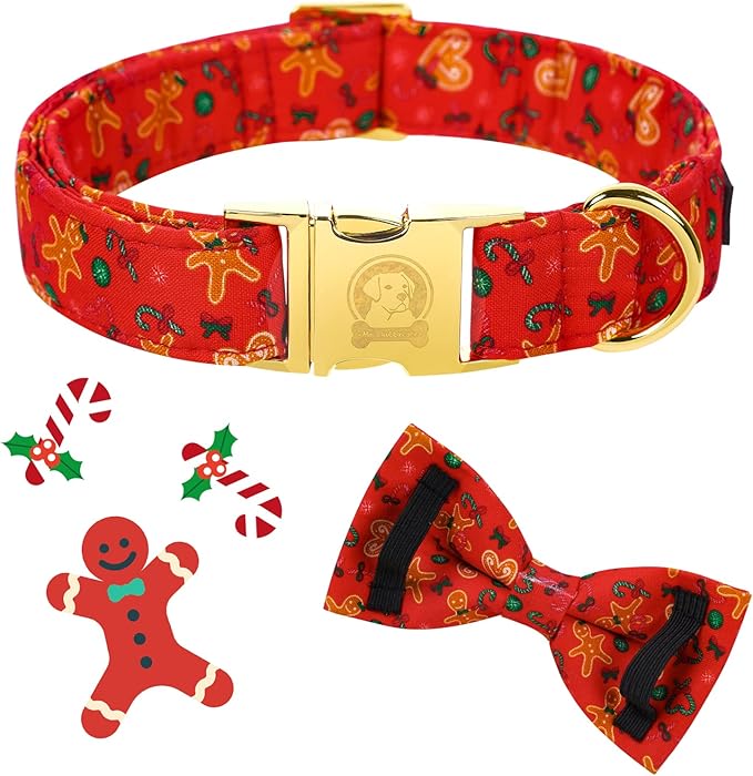 MR. CHUBBYFACE Christmas Gingerbread Man Dog Collar Gift for Boy Girl Dogs Adjustable Dog Collar Bowtie for Small Medium Large Dogs