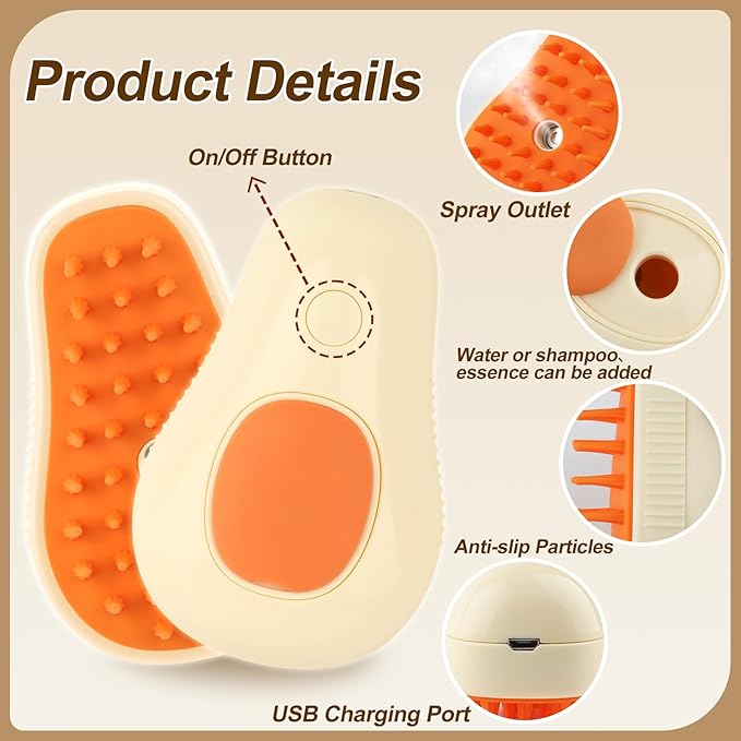 Cat Steam Brush, 3 in 1 Cat Steamy Brush, Silicone Massage Grooming Brush, Pet Hair Cleaning Brush Comb for Cats Dogs(Avocado White)