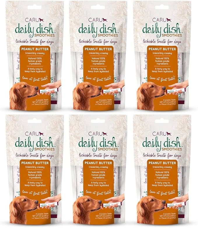 Caru - Daily Dish Smoothies - Lickable Peanut Butter Dog Treat - .5oz Tubes - 4 Pouches Per Pack - Pack of 6