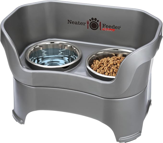 Neater Feeder Deluxe Mess Proof Dog Bowls Elevated for Large Breed – Made in USA – No Spill Raised Dog Food Bowl Stand – Stainless Steel Food and Water Bowl Set, Pet Dish Feeding Station, Grey