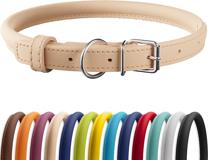 CollarDirect Rolled Leather Dog Collar, Soft Padded Round Puppy Collar, Handmade Genuine Leather Collar Dog Small Large Cat Collars 13 Colors (7-9 Inch, Beige Smooth)