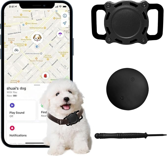 Pet Tracker for Dog, Dog Location Tracker with Holder, Item Finder MFi Certified, No Monthly Fee, Bluetooth & Waterproof, iOS Only Work with Find My Not GPS Tracker (Black)