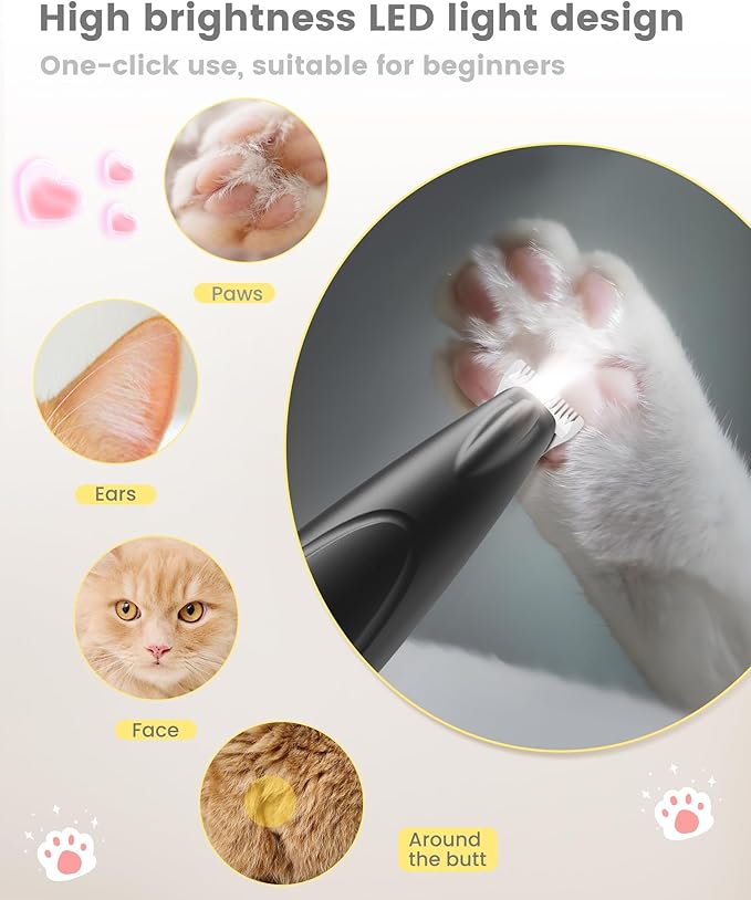 Cat Clippers with LED Display,35dB Ultra-Low Noise Cat Hair Trimmer Shaver, Cordless Dog Paw Trimmer with LED Light,Type-C Rechargeable Cat Dog Clippers for Grooming Paws, Ears, Face, Rump