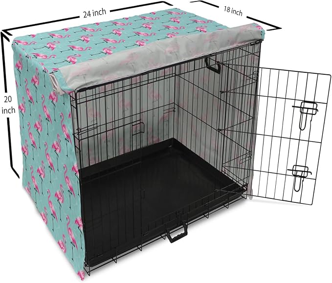Lunarable Turquoise Dog Crate Cover, Repetitive Pink Flamingos on Wavy Water Background Vivid Colors Graphic, Easy to Use Pet Kennel Cover for Cats & Medium Dogs, 24 Inch, Pink Seafoam