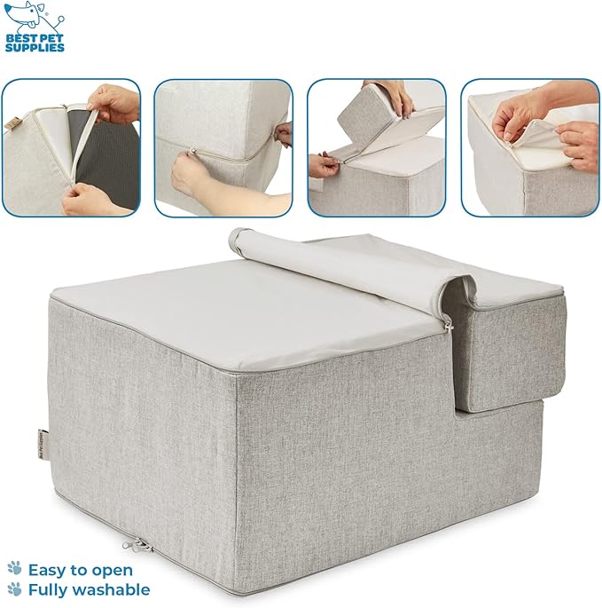 Best Pet Supplies Portable Foldable Foam Pet Stairs/Steps for Couch, Sofa, and High Bed, Non-Slip Bottom Balanced Paw Safe - Sand, Foldable 3-Step (H: 16.5")