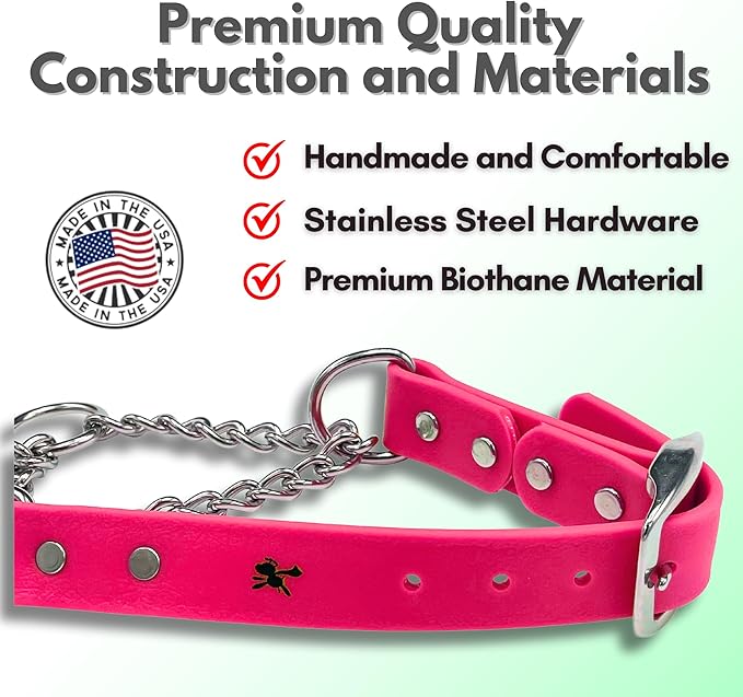 Martingale Collar for Dogs, Biothane, Stainless Steel Hardware, No Pull, Made in The USA, Professional Grade, Large, Pink