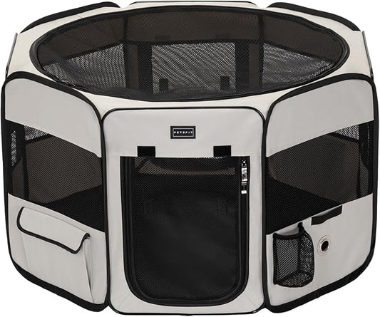 Petsfit 36" Dog Playpen with Dual Zipper Doors –Sturdy Foldable Puppy Playpen for Medium Dogs with Removable Mesh Top and Leakproof Bottom