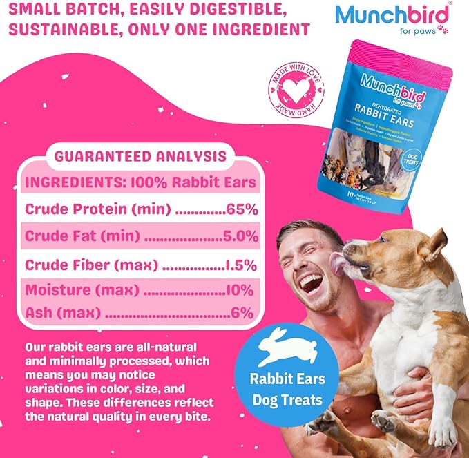 Dehydrated Rabbit Ears 100g (3.5 oz) 12-15 Counts for Dogs & Cats, European Furry Rabbit Ear Natural Fiber for Dogs, Rawhide Free Alternative to Pig Ears for Dogs, Ear Size Varies